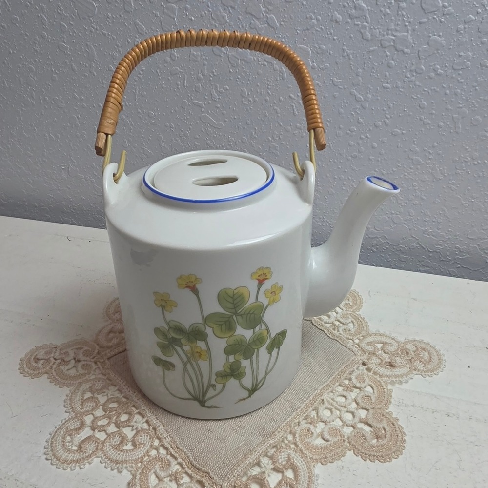 Vintage Ceramic Botanica Teapot Yellow Floral Clover Blue Trim Lid Rattan Handle